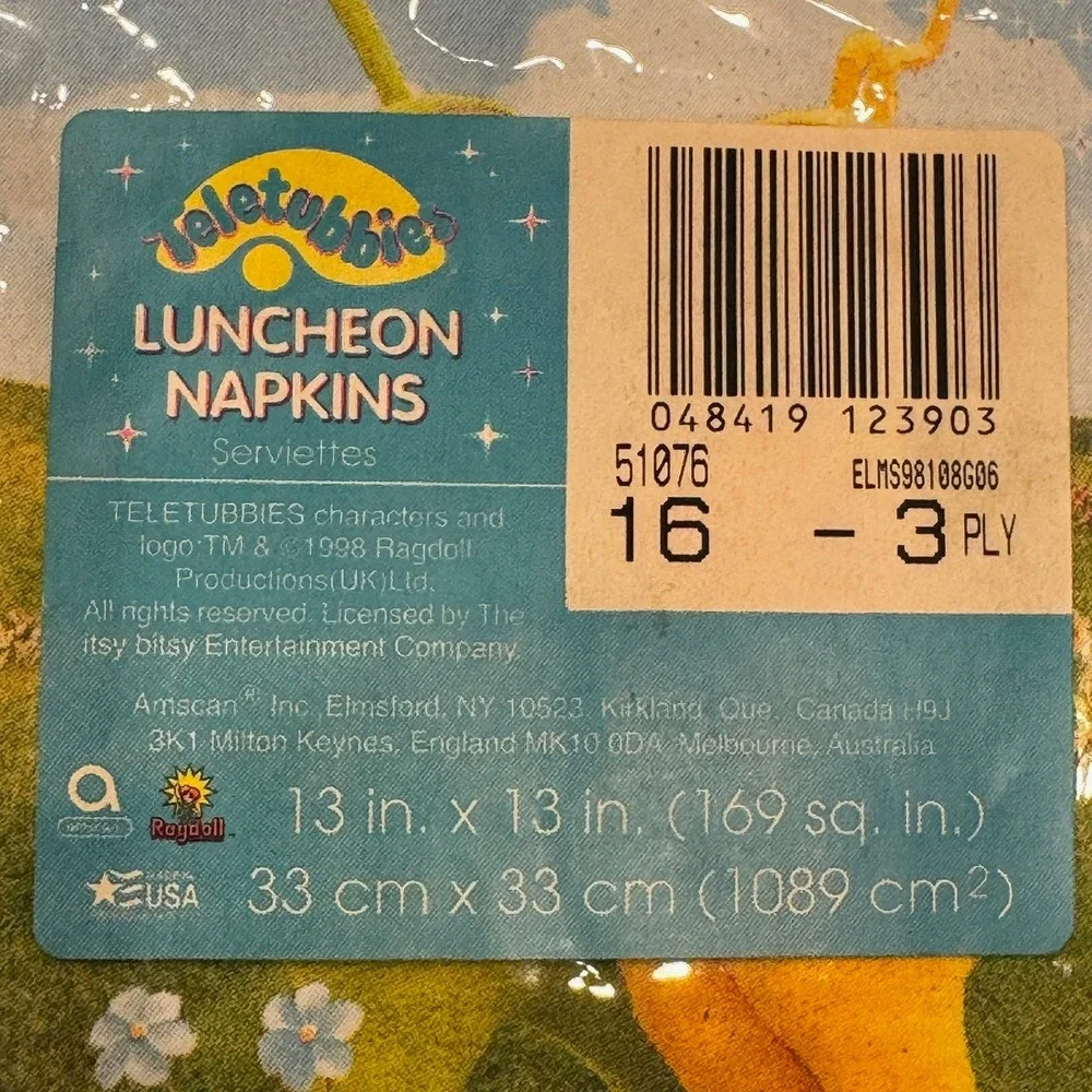 Vintage 1998 Teletubbies Luncheon Napkins 16 Count 3-Ply Amscan Sealed 51076 USA